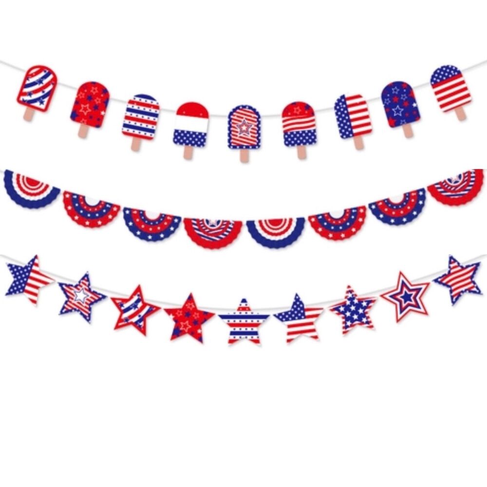 🇺🇸 USA 4th Of July Banner Garland Set Of 3 Patriotic Party Decor NEW